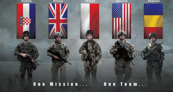 На плакате НАТО изобразили бойца с автоматом Калашникова